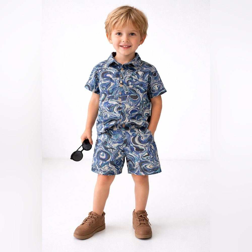 Volcom 2-piece short set in a blue swirl pattern